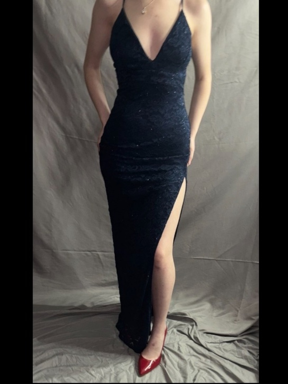 ☆Elegant Navy Sequin Slit Evening Dress